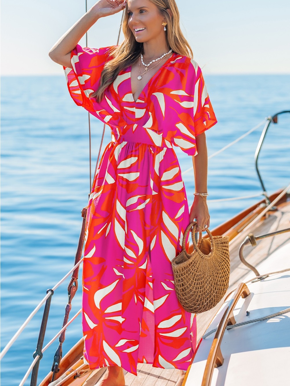 Cupshe Pink & Orange Tropical Leaf Maxi Dress